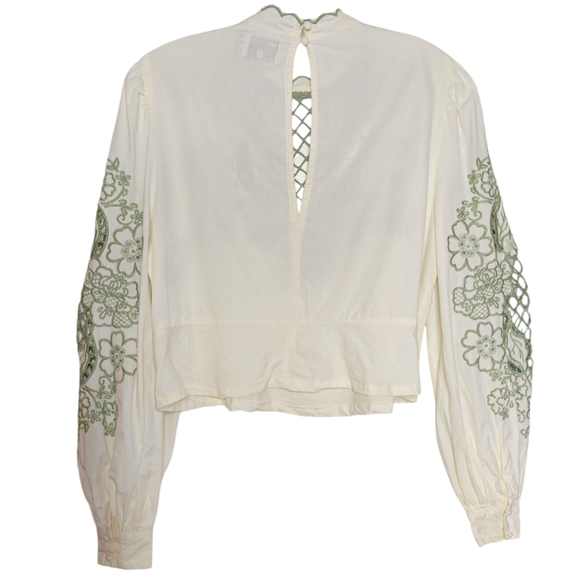 ASOS Cream Cotton Scalloped Collar Blouse Green Lattice Floral Embroidery size 8 - Picture 3 of 10